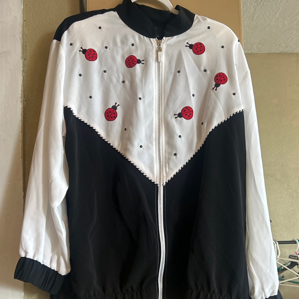 Women's Unbranded Bomber Jacket with Ladybug Print, Black and White